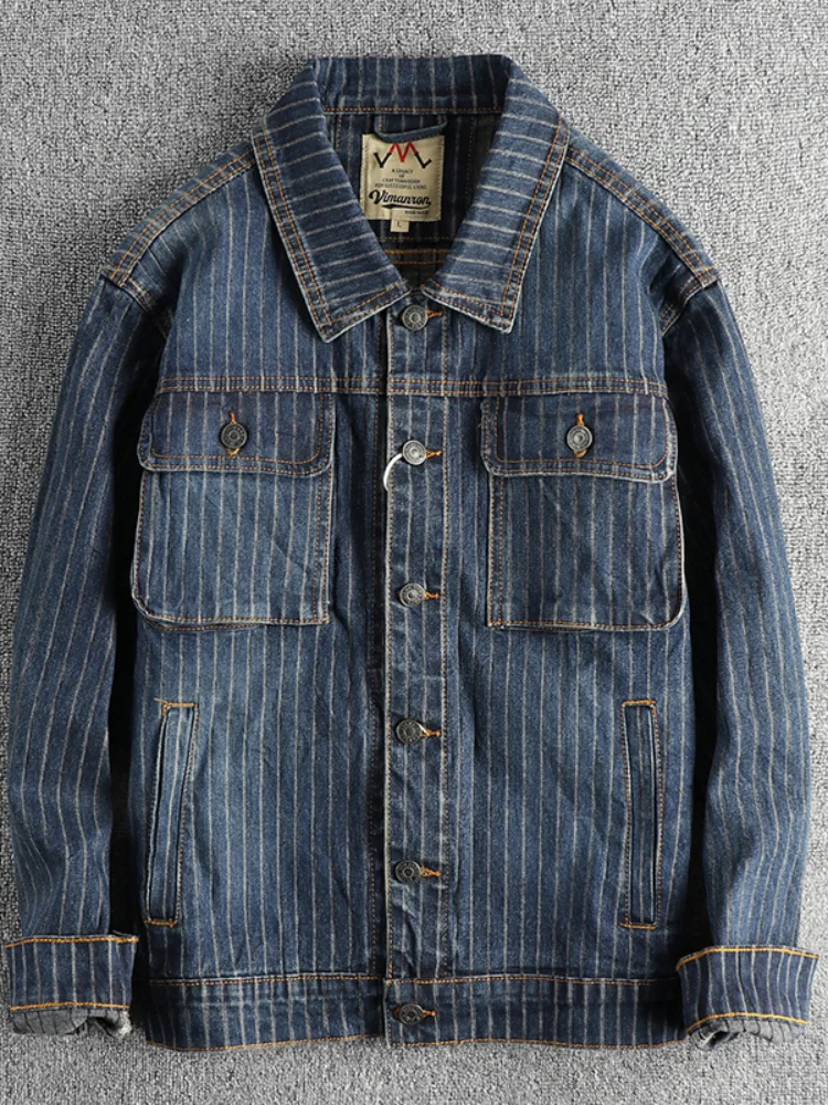 Autumn And Winter New American Retro Men\'s Striped Washed Old Casual Denim Jacket Fashion Loose Casual Coat