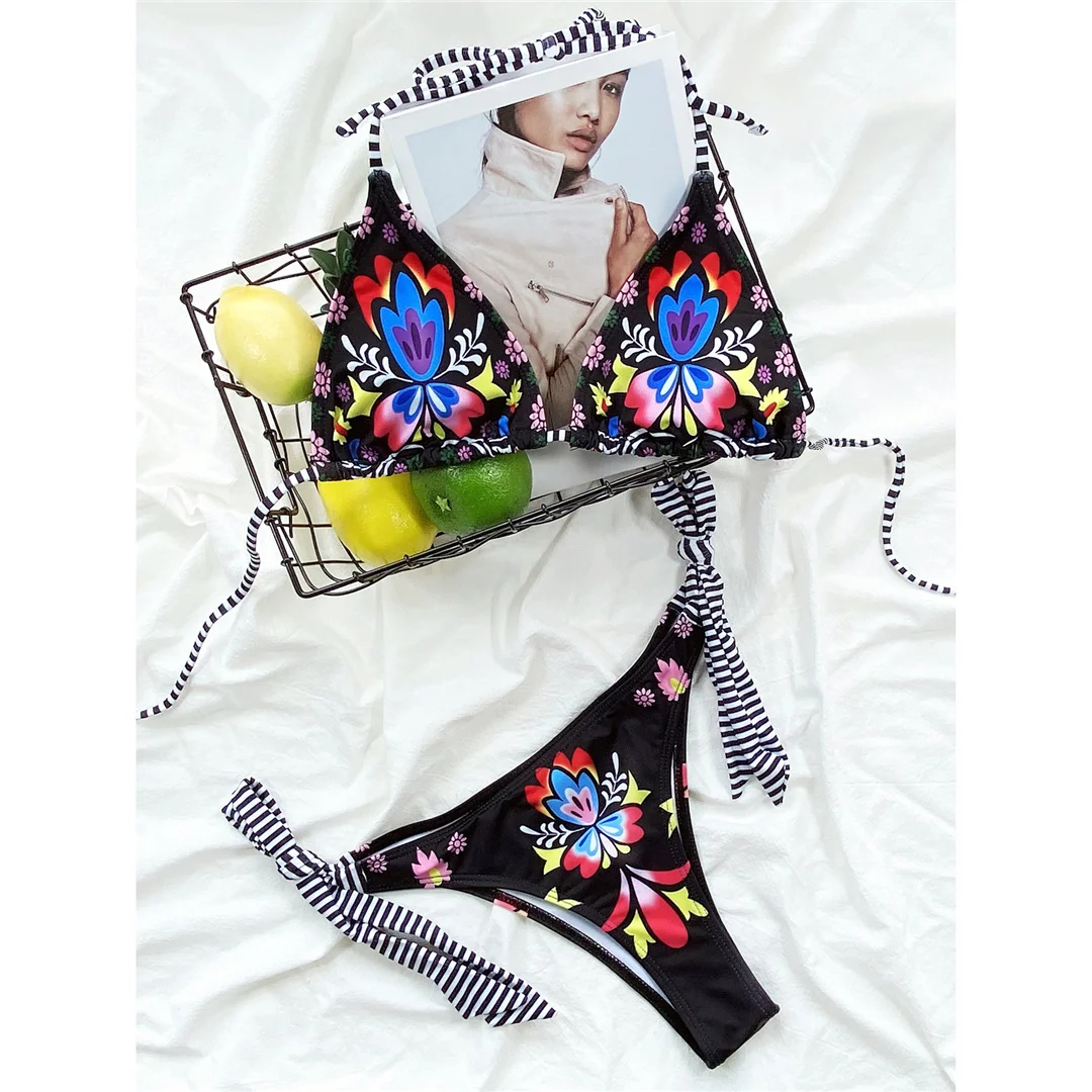 Brasilianische Damen-Bademode, Blumenmuster, Neckholder-Bikini, zweiteiliger Bikini-Set, Badeanzug, Damen-Badebekleidung, V3394 – Detail 9