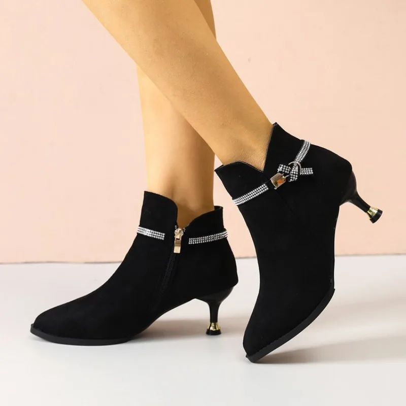 Damen High Heels Schuhe Elegante Wildleder Spitzpumps Stilettos Elegante Kurze Stiefel Mode Luxus Kristall für Frauen Herbst – Detail 12