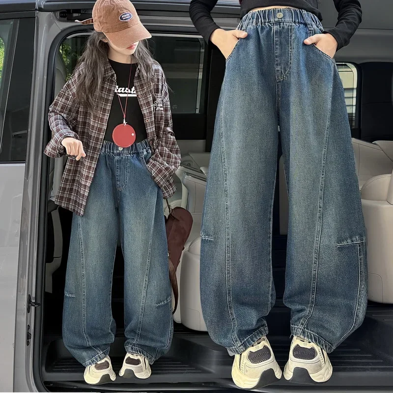 

New Spring Kids Curved Baggy Jeans with Patchwork Design for Girl Autumn Loose Casual Denim Pants Teenage Children Trousers