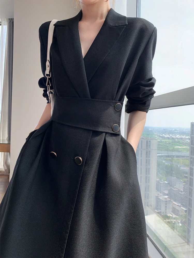 Women\'s Spring Autumn Casual Elegant Midi Black Dress Long Sleeve A-Line Party Vestidos Female Fashion Korean Outwear Clothes