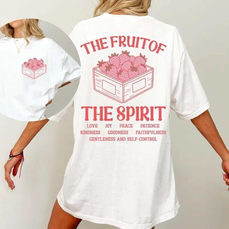 Letter Strawberry Print Double Sided T-Shirt Vintage Summer Fruit Print Tee Casual Loose Fit Short Sleeve Tops for Women