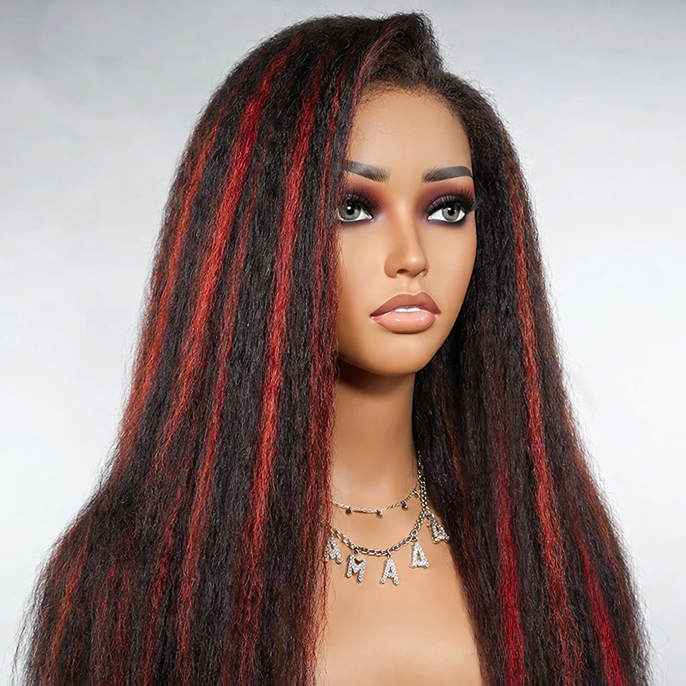 

1B/99J Kinky Straight 13x4 Lace Front Wigs Human Hair Wig Highlight Color Red With Black 5x5 Lace Closure Glueless Wig For Women