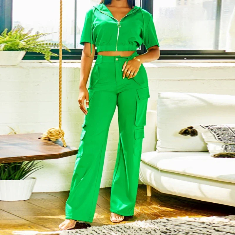 Y2k Vest Top & Cuffed Pants Set Women Pant Sets Two Piece Suit Green Hooded V Neck Elegant Trousers Suits Summer Streetwear