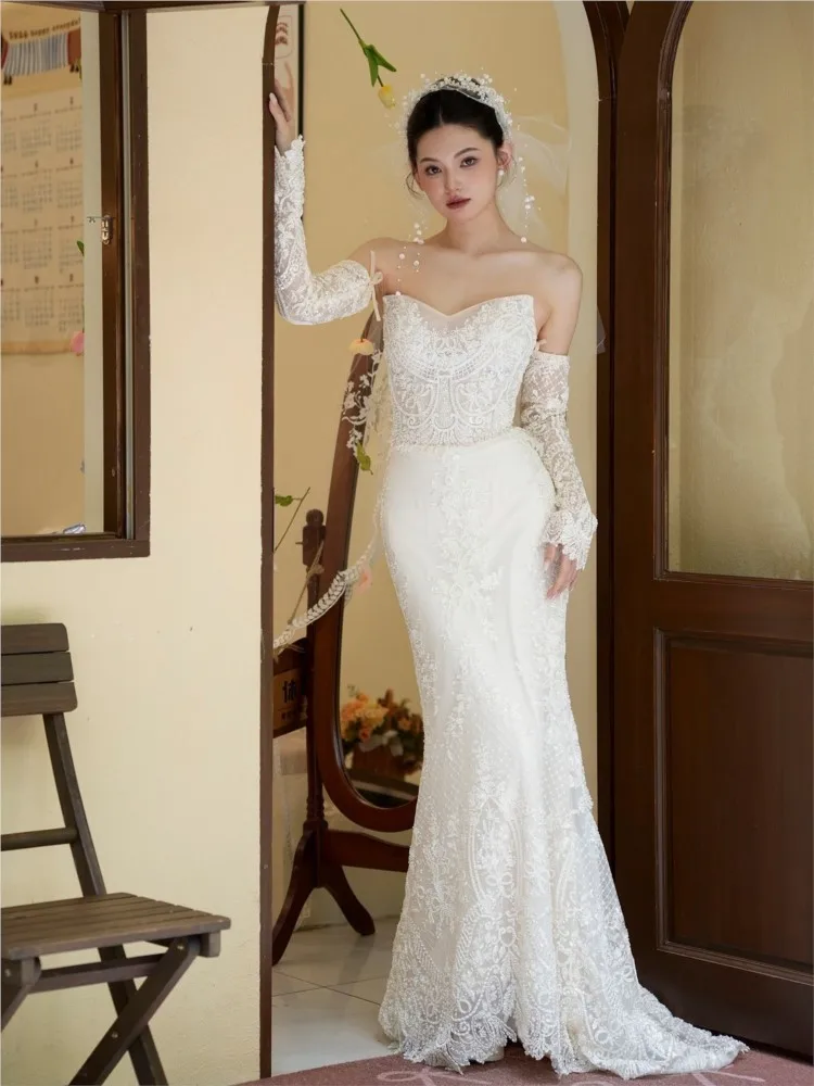 Fishtail light luxury heavy industry lace long-sleeved main yarn dress