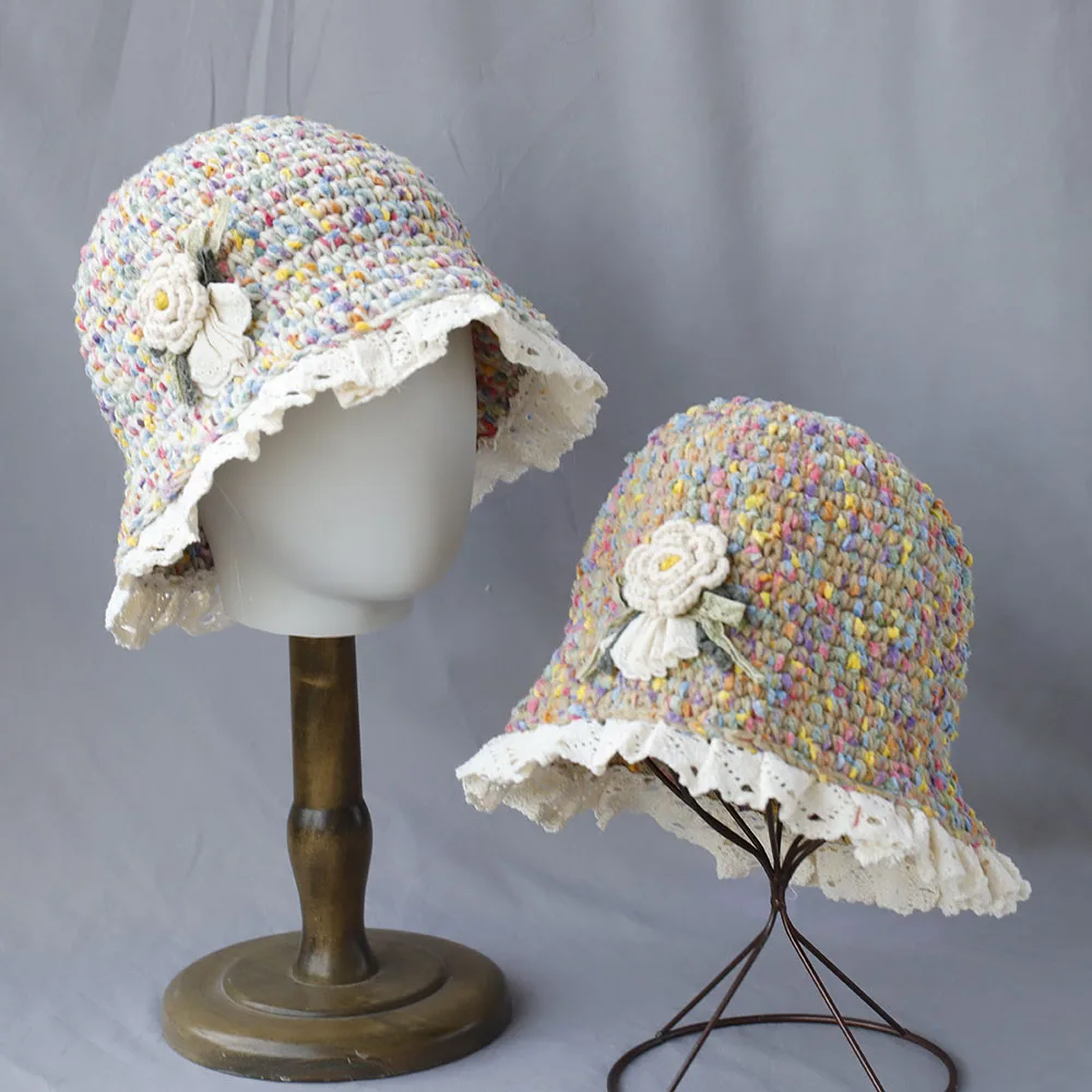 2025, neue Herbst-Winter-farbige, handgefertigte, gestrickte Eimerhüte mit Blumenmuster, vielseitige, gehäkelte, dicke Damen-Fischerhüte