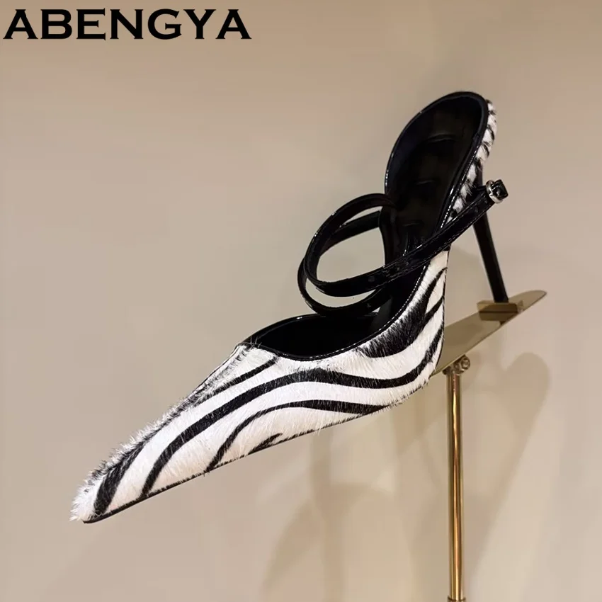 Nuevas Sandalias de Tacón Alto con Rayas de Zebra para Mujer, Zapatos de Fiesta con Correa en el Tobillo, Zapatos de Punta Puntiaguda Sexys para Mujer, Sandalias Modernas para Mujer