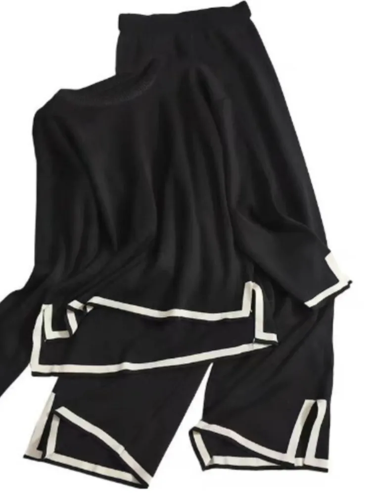 Conjunto de punto de retales a la moda para mujer, Tops informales de manga larga con cuello redondo y pantalones de pierna ancha, conjuntos de 2 piezas, ropa de calle para mujer