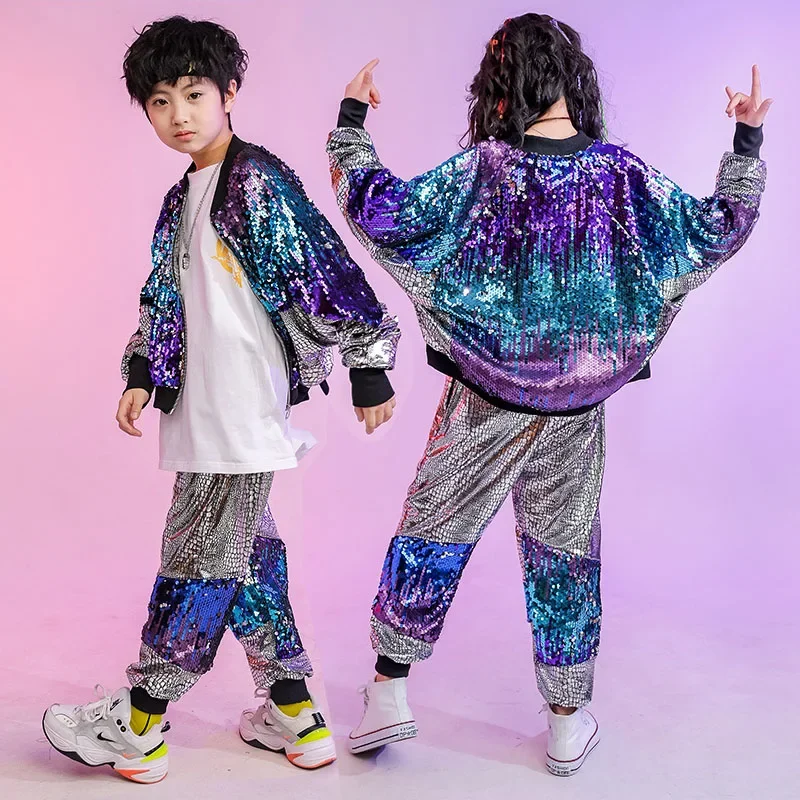 

Kids 2 Pieces Suits Sets Streetwear Girls Boys Sequins Jacket Pant Hip Hop Jazz Dance Stage Show Costumes Children Clothing