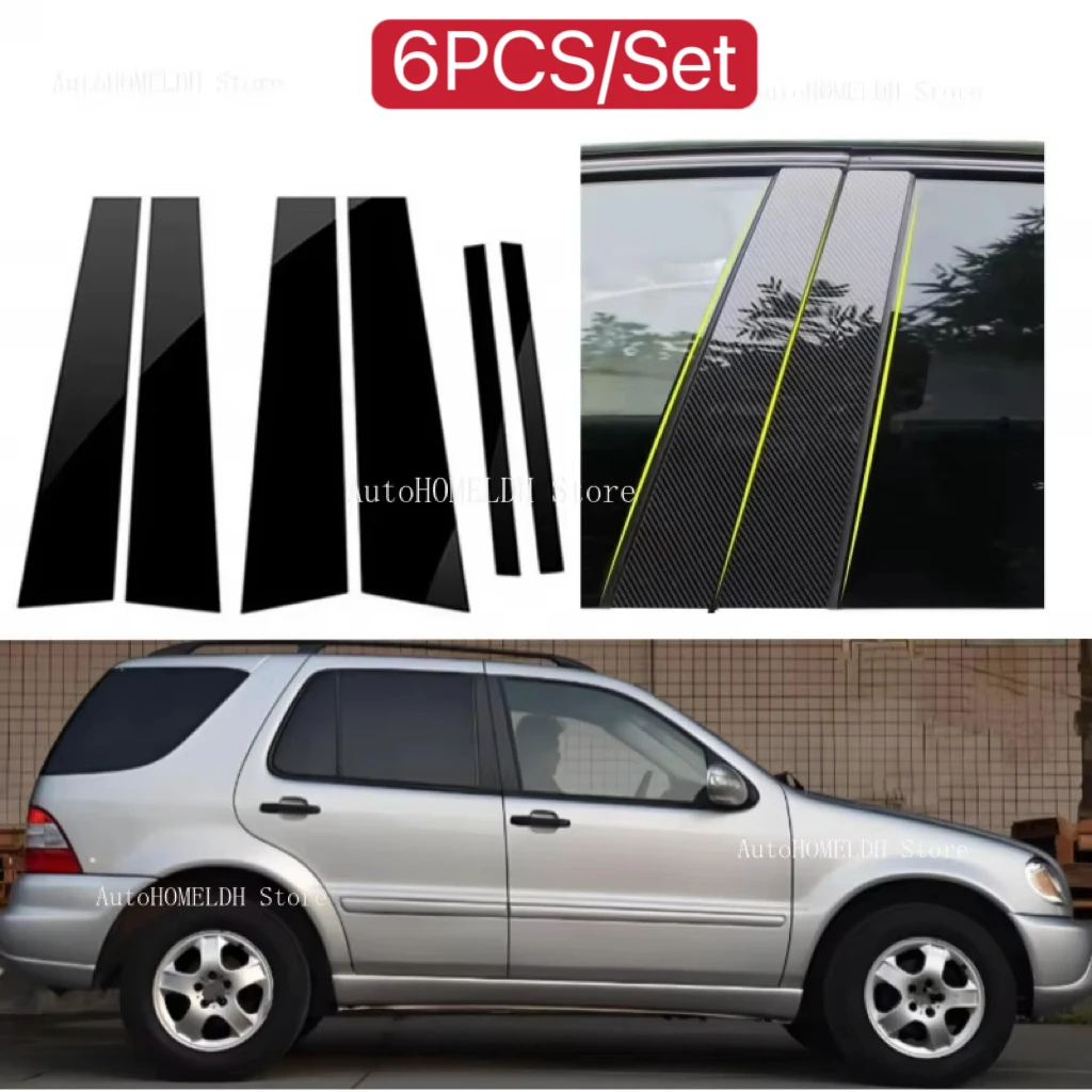 

6pcs Glossy Black Carbon Pillar Post Fit For Mercedes Benz ML Class W163 1998-2005 Car Window Column BC Trim Sticker Cover