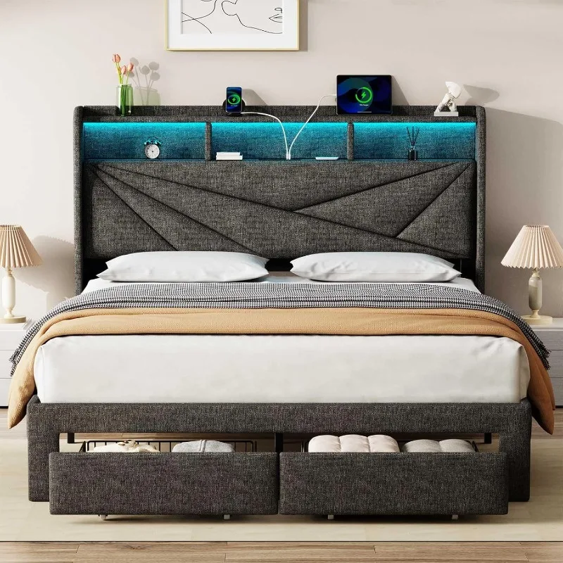 

LED Full Size Bed Frame with 2 Storage Drawers Upholstered Full Bed Frame with Headboard and Charging Station Dark Grey