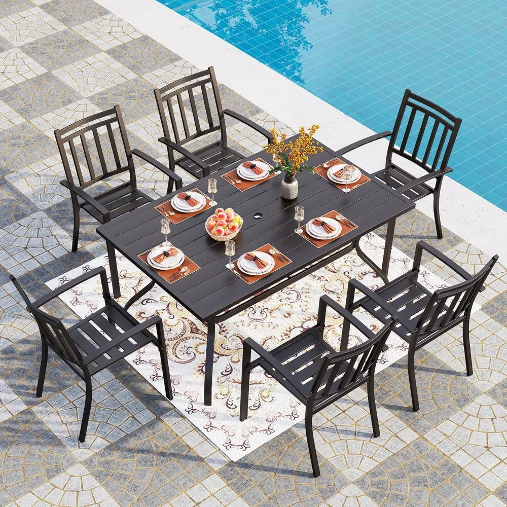 

Outdoor Dining Table Set for 7 with Stackable Patio Dining Chairs, Patio Table Chair Set with Umbrella Hole for Outsides, Black