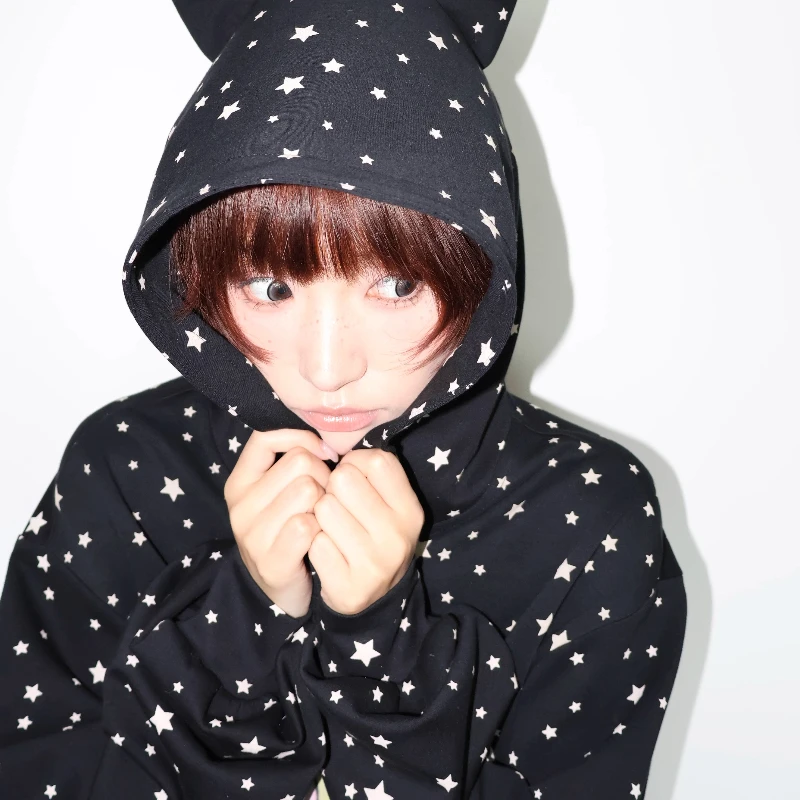 Japanese Design Black Star Print Women's Pullover Autumn Sweet Cool Illustration Loose Lace Versatile Hooded Sweatshirt Ladies