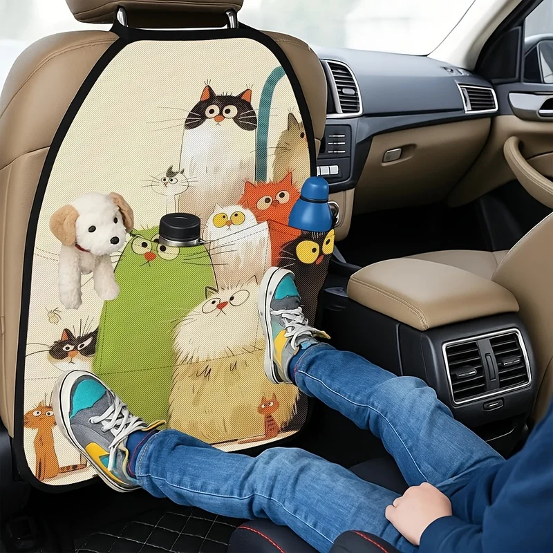 Car Seat Back Covers With Storage Pockets, Cartoon Cat Pattern, Anti-Kick For Cat Lovers