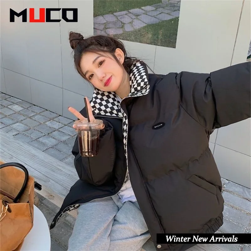 Checkered cotton jacket for women, winter retro Hong Kong style thick and loose bread jacket