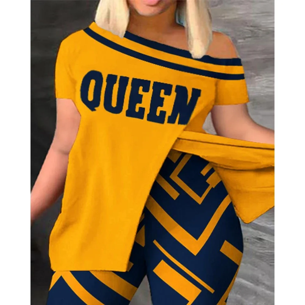 Women Fashion Geometric Print Short Sleeve 2 Pieces Set Femme Casual Sporty Suits Summer One-Shoulder Hem Split Top & Pants Sets