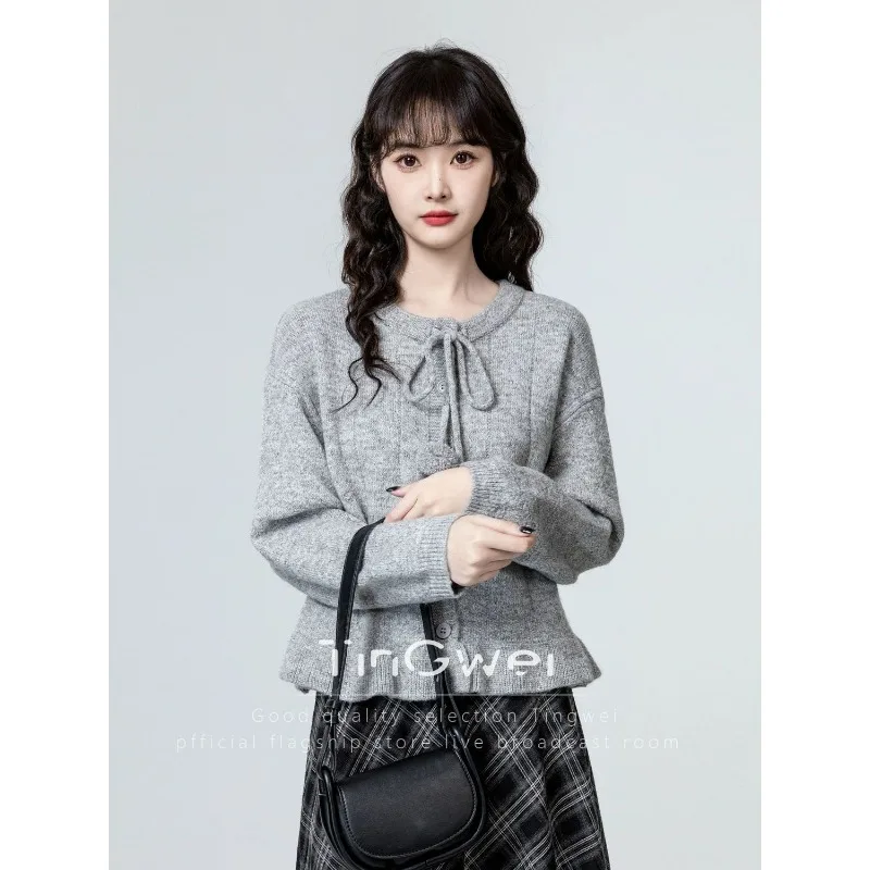 

Модный серый свитер с круглым вырезом, куртка 2200, осень и зима, новый дизайн, вязаный кардиган с ремешком в виде листьев лотоса, топ