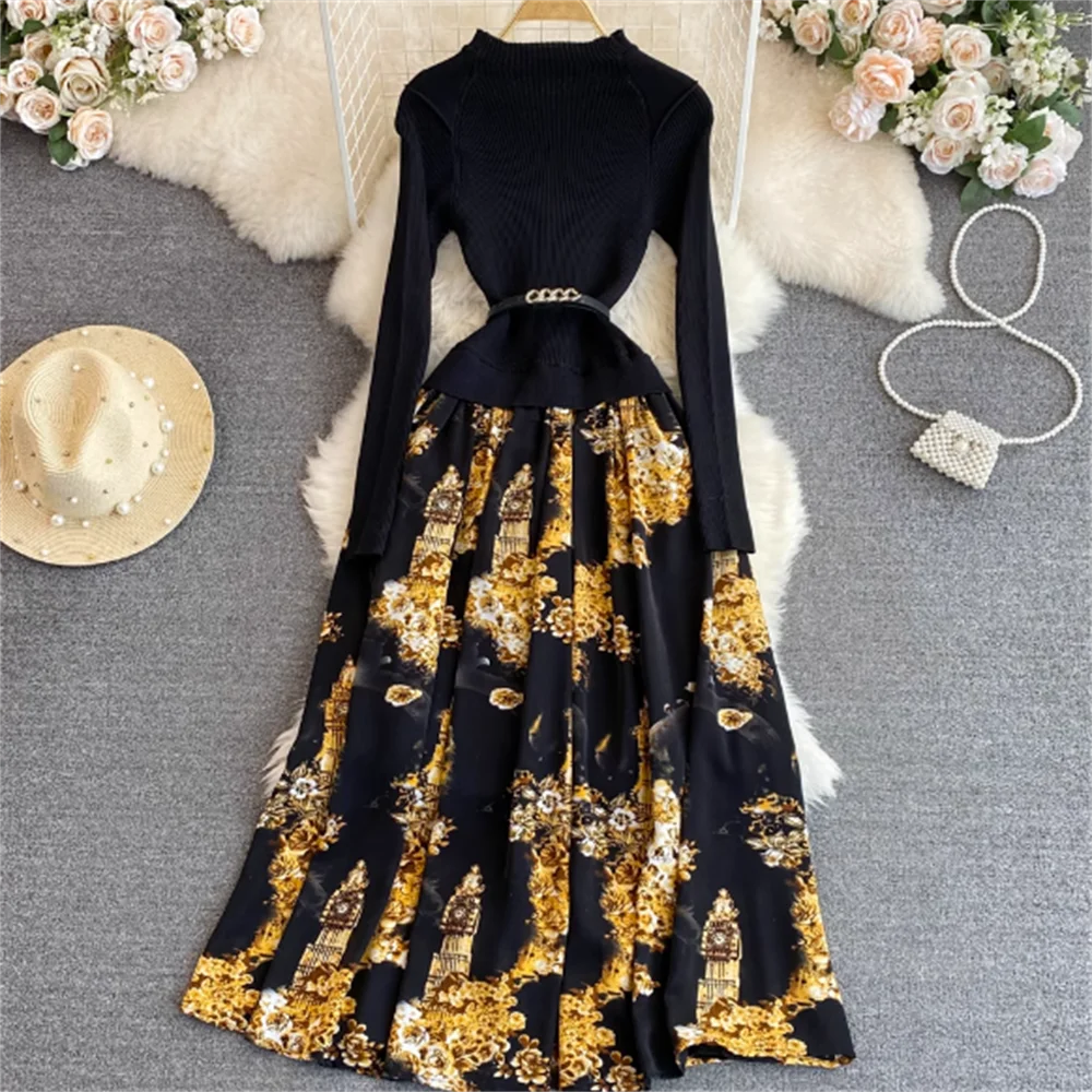 

Retro elegant long-sleeved collar waist slim knitted splicing printed a line dress