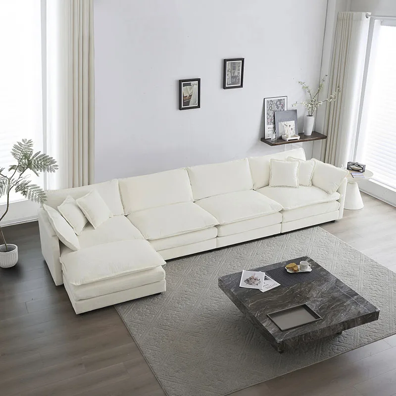 Modular Sectional Sofa L Couch 5 Seater Shaped Convertible Double Bag Sofa Ottoman White/Beige/Green Chenille for Living Room