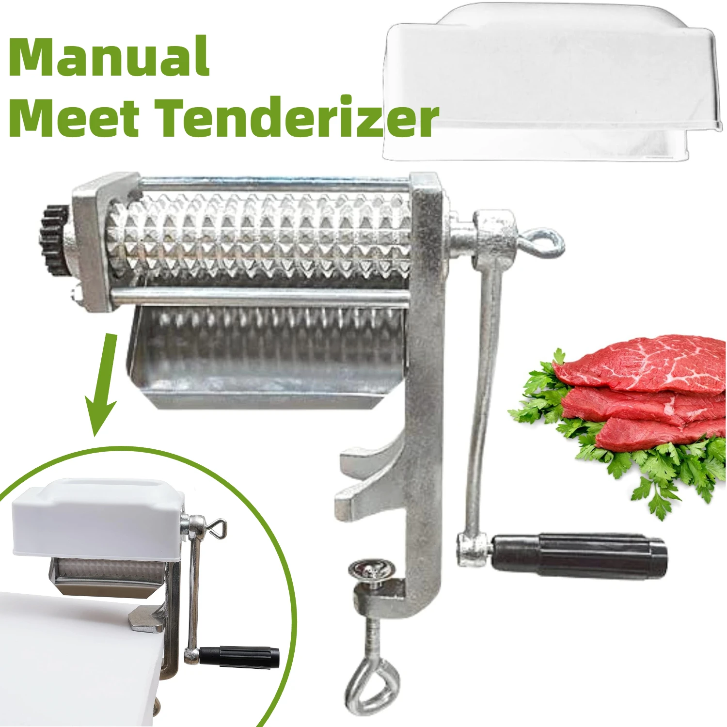 

Manual Meat Tenderizer Machine Quick and Easy Beef Chicken Steak Flatten Tool Aluminum Alloy Construction Clamp-on Rolling Cuber