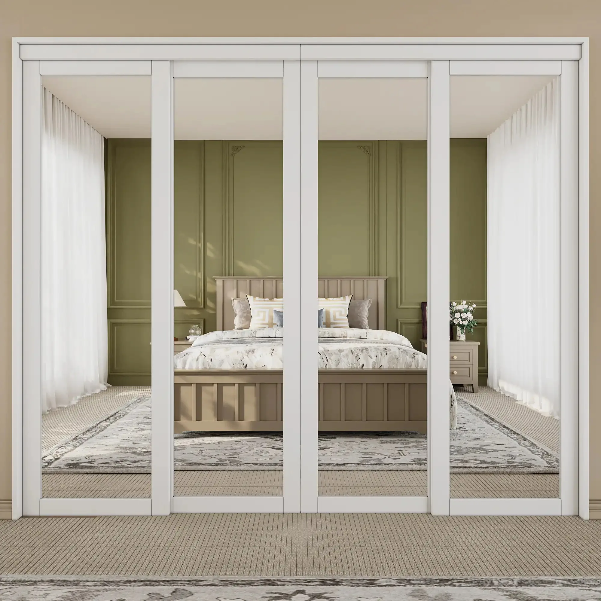 Wholesale Minimalist Space Saving White Wood Interior Sliding Door 4 Panels Mirrored Sliding Doors for Closet Bedroom Apartments
