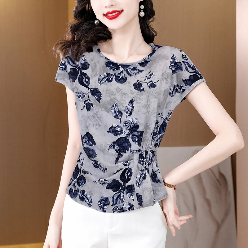 

New 2025 Summer Short Sleeved O-Neck Printed Women's T-Shirt Fashion Casual Slim Mesh Tops 3XL Office Lady Tees