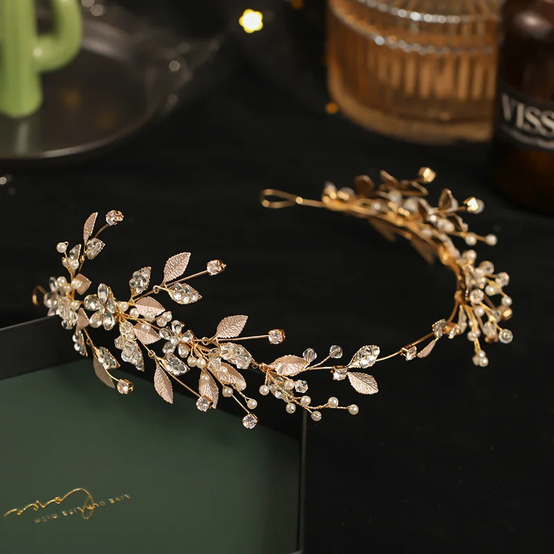 Bridal Headwear  Bride Wedding Veil Accessories Golden Bright Pink Flower Hot selling Crystal Headband & Earring Sets Wholesale