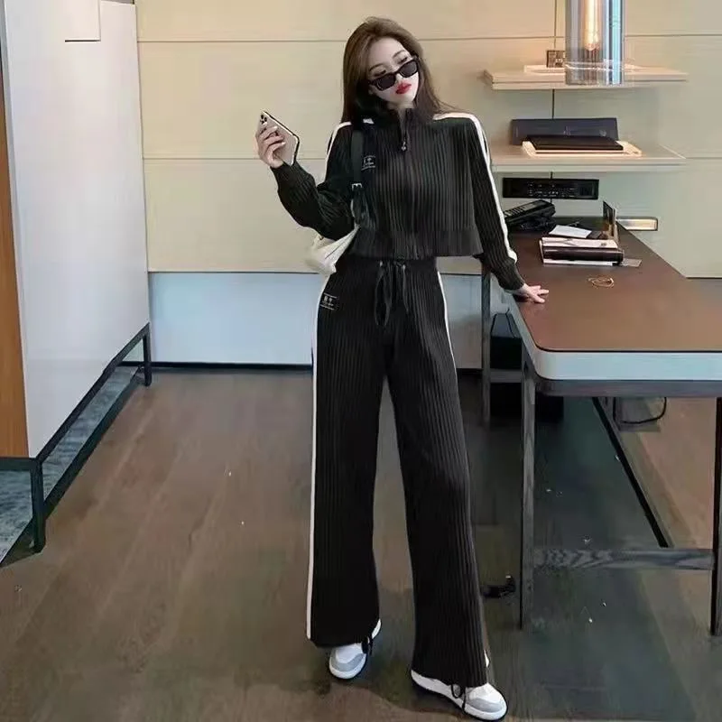 Knited Side Stripe Women Tracksuit Korea Casual Jackets Coats Tops Ensemble Lace-up High Waist Ankle Length Wide Leg Pants Suit