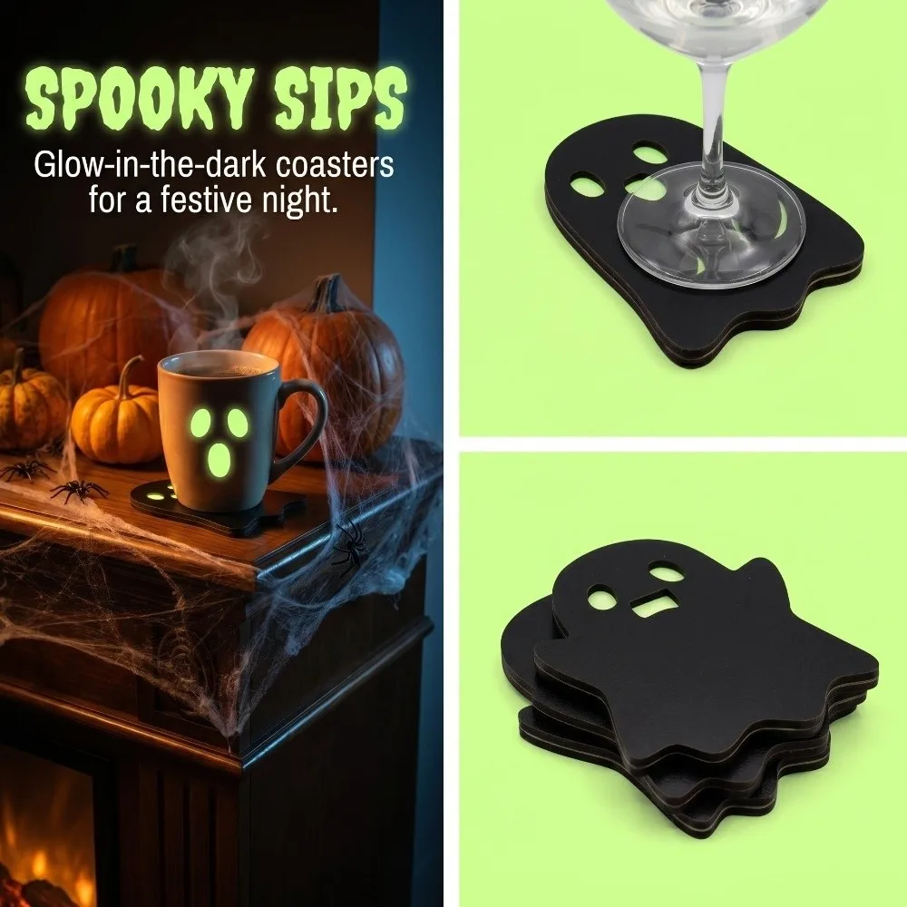 4/8PCS Anti-slip Glow-in-the-dark Coasters Dark Style Spooky Glowing Halloween Ghost Coasters Heatproof Luminous