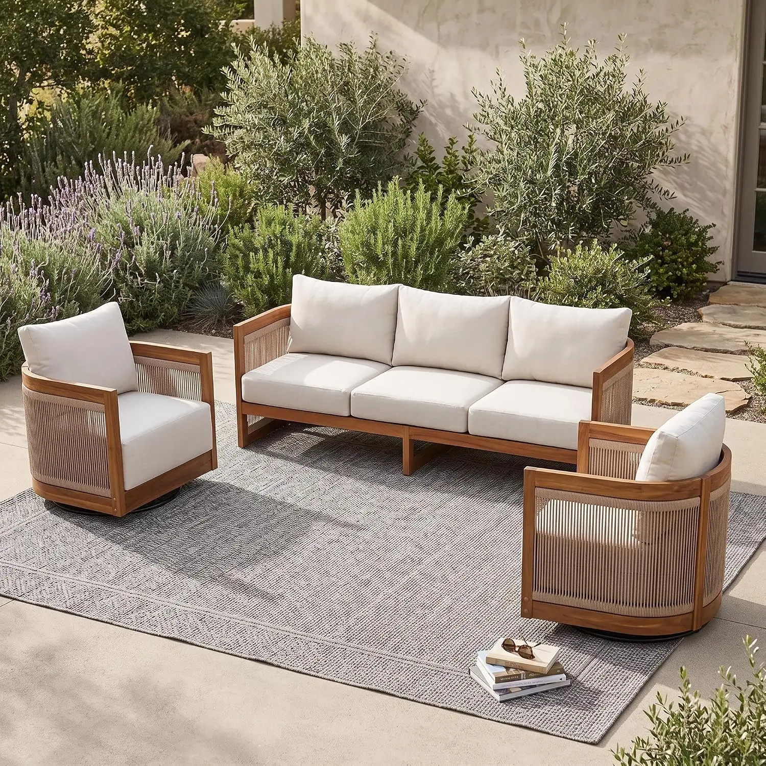Ayla 5-Seater Patio Furniture Set with Removable Cushion, Set of 2 Outdoor Swivel Accent Chair and Sofa Set