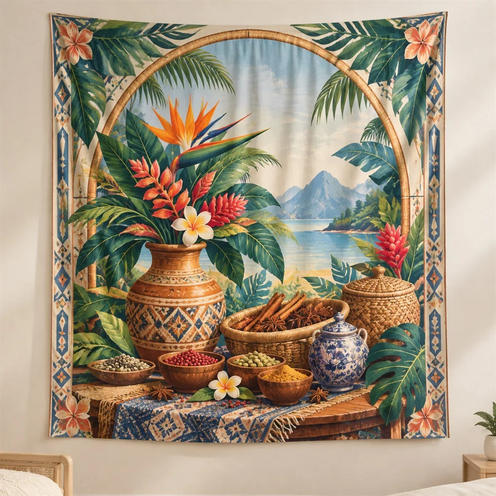 VIKAMA Spice Bowl Still Life Framed Panel Tapestry Wall Hanging, Tropical Wall Decor Tapestries for Nursery Kids Room Bedroom