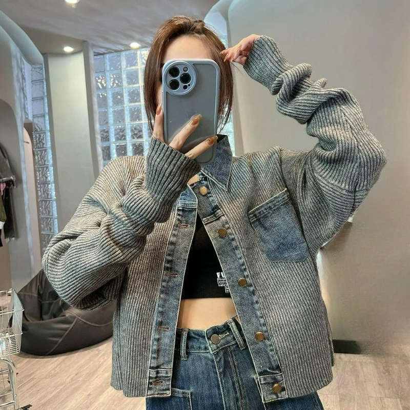 

This Is A Unique Loose Fashionable Short Jacket for Women It Is A New Retro Denim Patchwork Knitted Coats for Spring/Autumn 2026