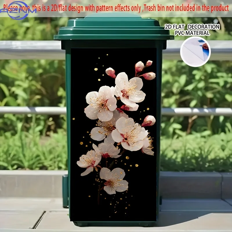 1pc 2D/FLAT, Self-Adhesive Dustbin Stickers, .01xcm, Sakura Blossoms with Golden Sparkles on Black Background, Creative Dustbi