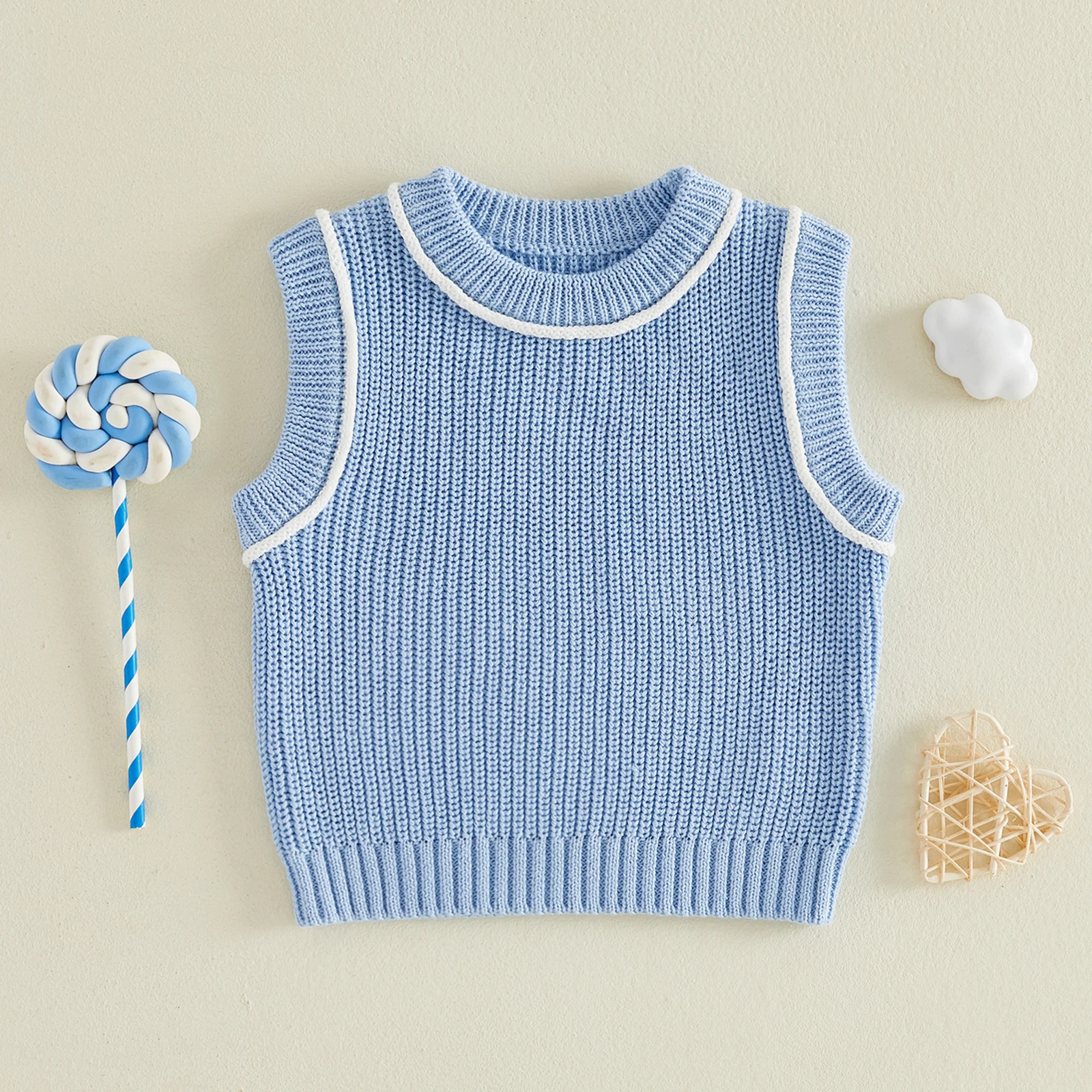 Newborn Sweater Vest Baby Girls Boys Contrast Color Crew Neck Sleeveless Sweater Jumpers Infant Toddler Knit Vests