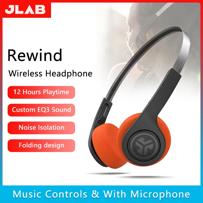 JLab Rewind bezprzewodowe słuchawki Retro 12H play time/Custom EQ3/z mikrofonem izolacja akustyczna oldschoolowy rockowy zestaw słuchawkowy Bluetooth