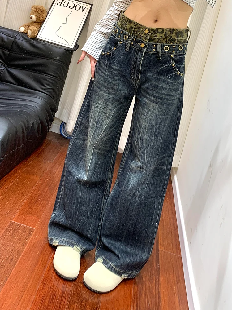 

High Waist Wide Leg Jeans Women's Fashionable Retro Design Double Waist Straight Cut Long Pants Slimming Trendy All-Match Flo...