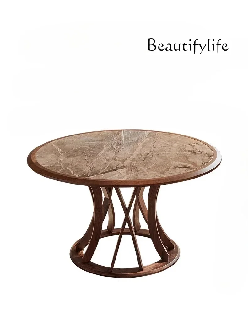 

O Черный орех, каменная плита, обеденный стол и стул, комбинация круглого массива дерева, современный простой дизайнер для дома