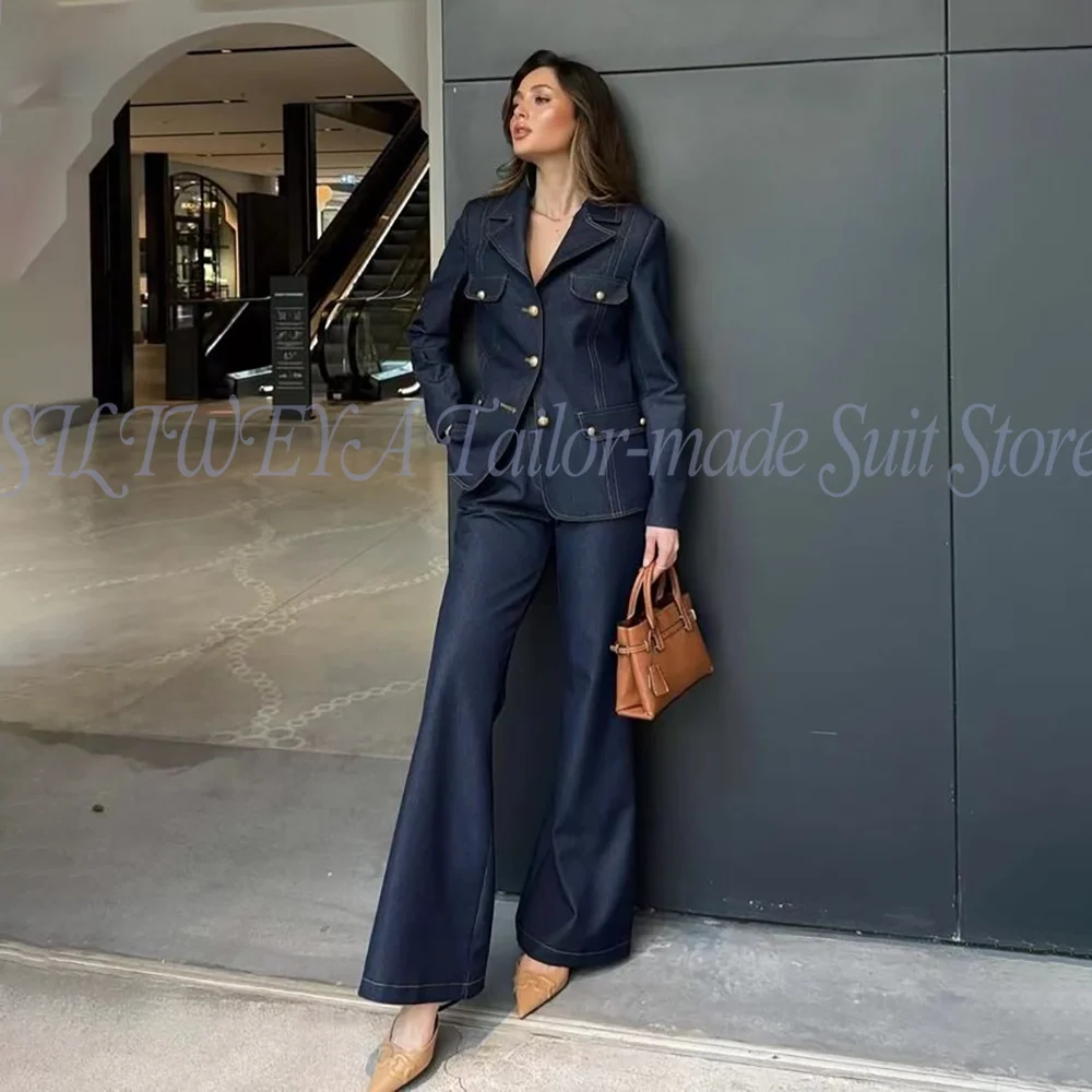 Luxury Denim Female Suit 2 Pieces Jacket Pants With Metal Buckle Smart Casual Office Lady Chic Outfits Trajes De Mujer Elegante
