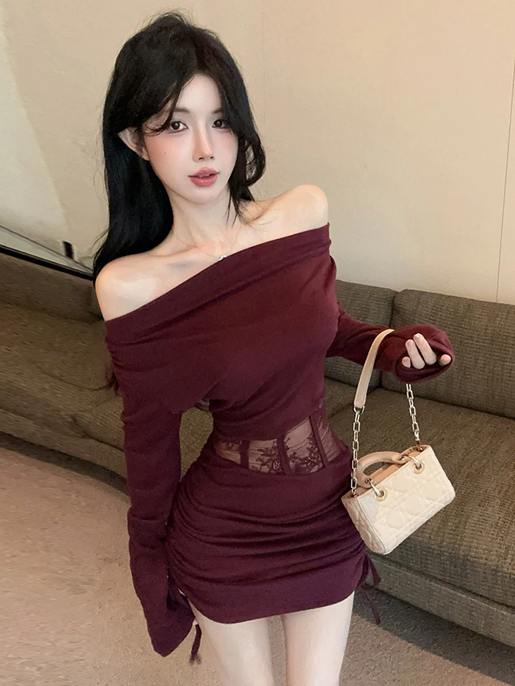 Sexy Mesh Waistless Shoulder Sheer Boned Panel Mini Dresses Women's Autumn Y2K New Slimming High Waist Drawstring Bodycon Dress