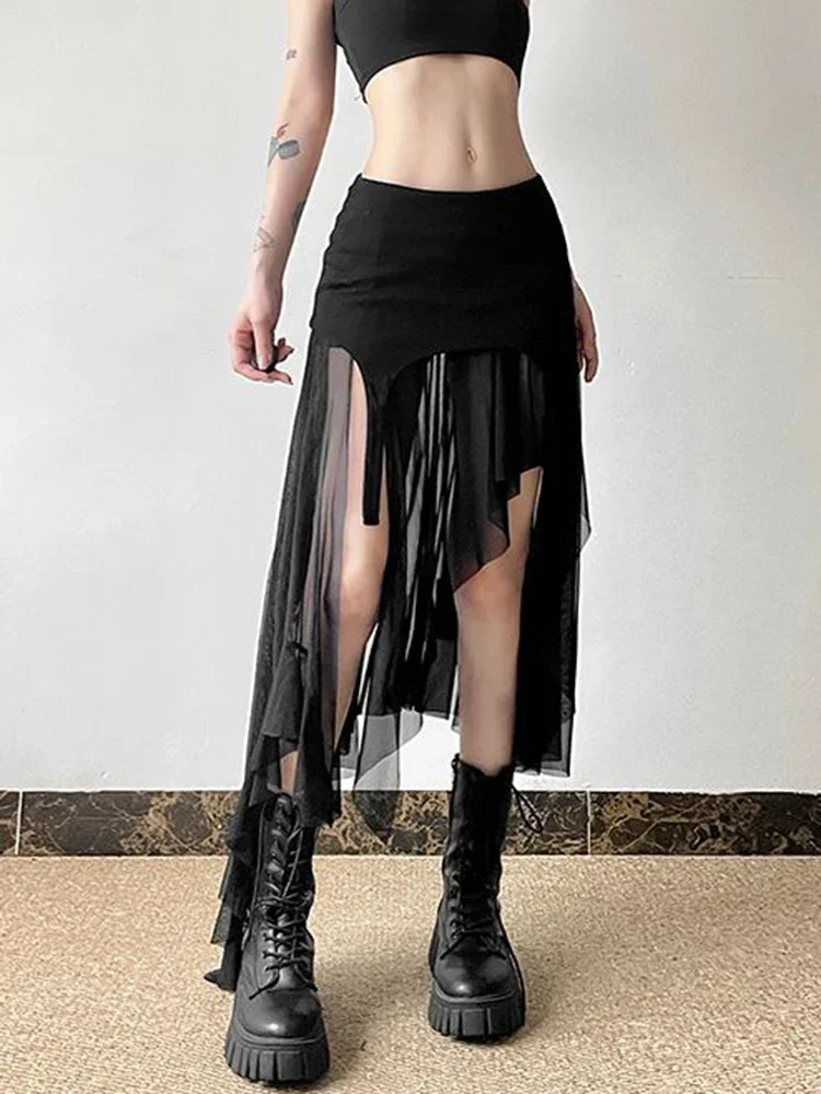 Vintage American Sexy Irregular Y2K Skirts Women Korean High Waist Slim Slit Long Skirt Casual Lady Streetwear Summer Skirts