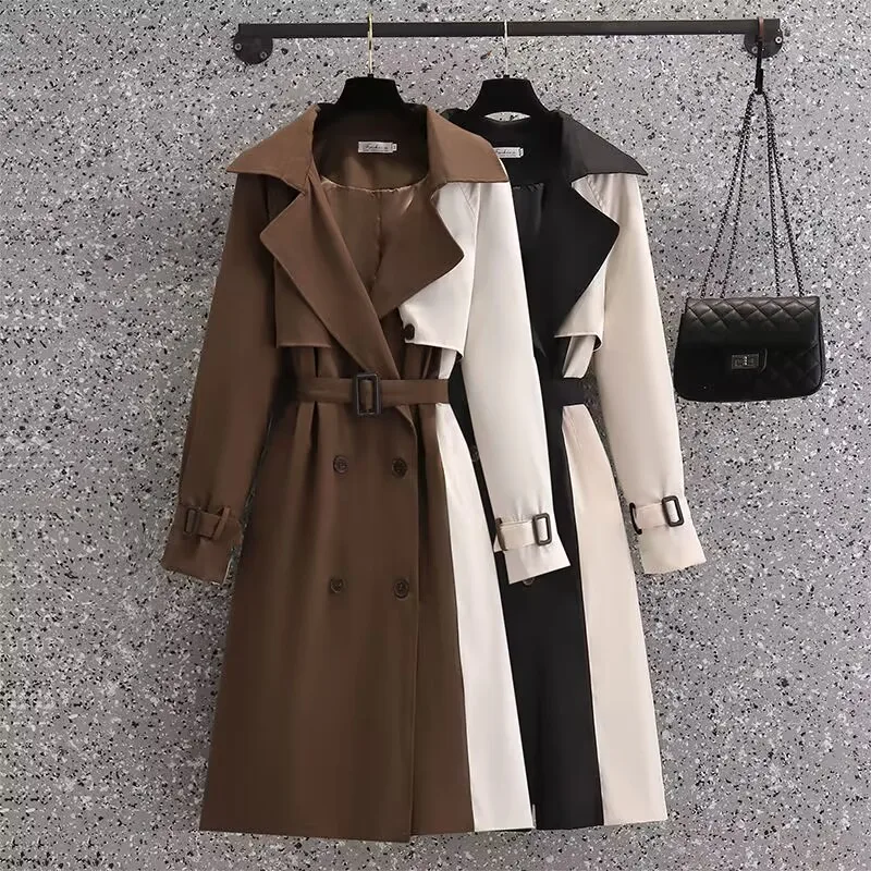 

Spring Korean Autumn Clothes Patchwork Turn-down Collar Double Breasted Belt Windbreaker Long Trench Coat for Women Clothing Top