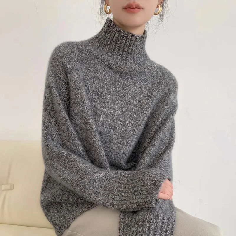 Women's loose-fitting, long-sleeved, red cashmere sweater with a turtleneck, made of pure wool, for the Year of Rabbit.