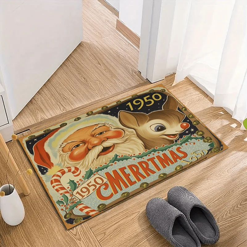 1pc Vintage 1950s Santa & Reindeer Christmas Postcard Welcome Doormat, Soft Absorbent Non‑Slip Washable Quick‑Dry Floor Mat
