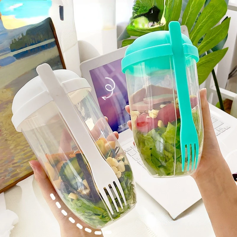 

Free Shipping 1L Salad Cup with Fork Cover Portable Fruit Vegetable Light Food INS Breakfast Milk Cups Reducing Fat Bottle Gift