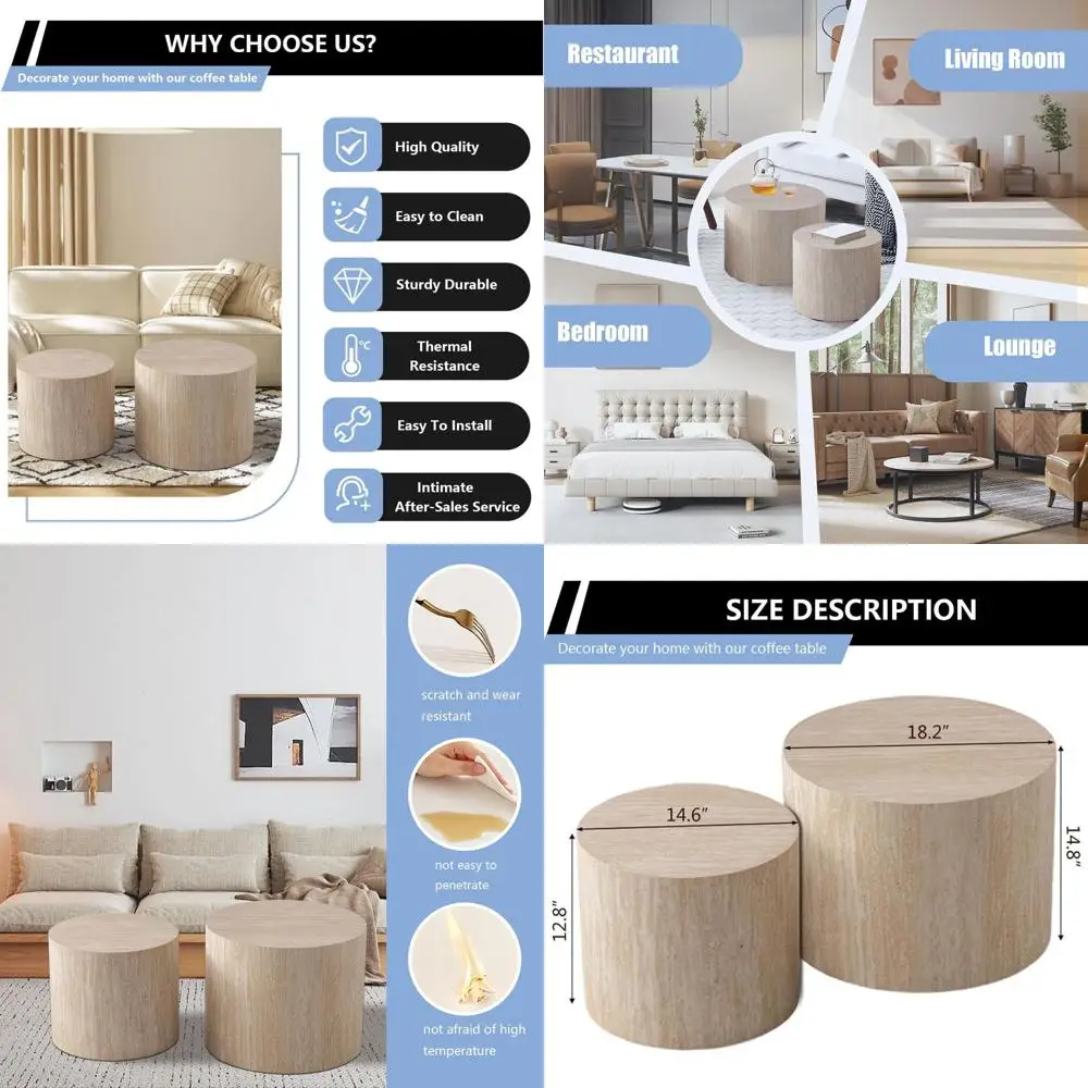 

Round Coffee Table Set for 2 or Nesting Tables for Living Room and Bedroom with Wave Stripe Pattern