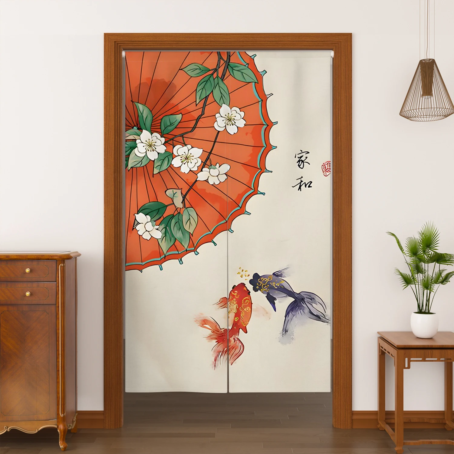 Chinese Door Curtain Umbrella Goldfish Lantern Flower Dining Room Velcro Doorway Curtains Kitchen Entrance Hanging Half Curtains