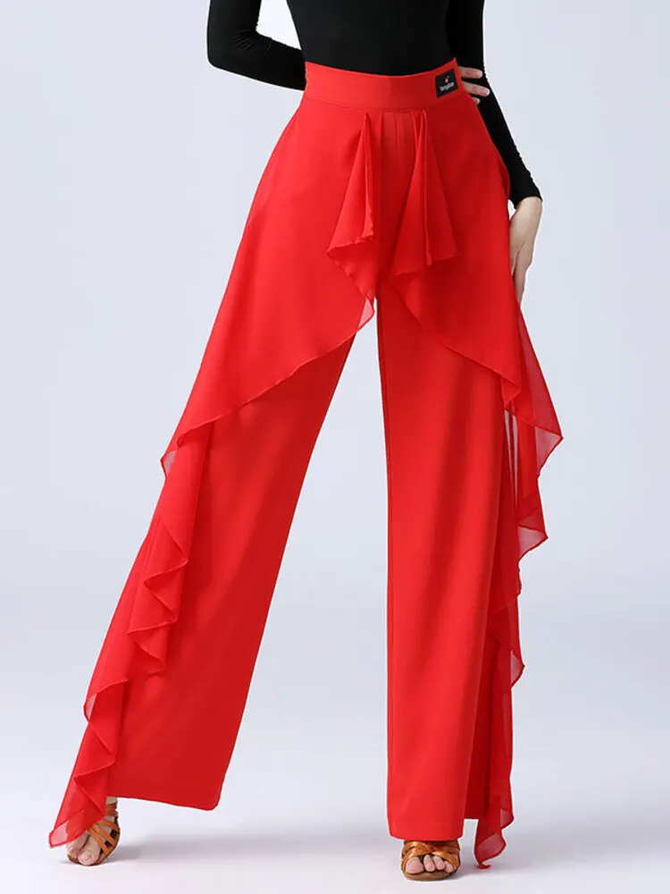 ソリッドカラー社交ワルツパンツダンスウェア高級クラシックハイウエスト競技ラテン女性フリル標準ジャズズボン