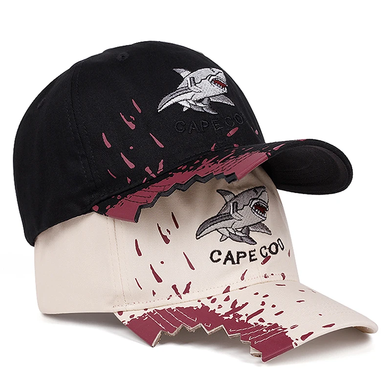 2025 nuevo sombrero personalizado de Hip Hop con bordado de tiburones, sombrero de Skateboarding callejero a la moda, decoración deportiva de ocio, gorra de béisbol