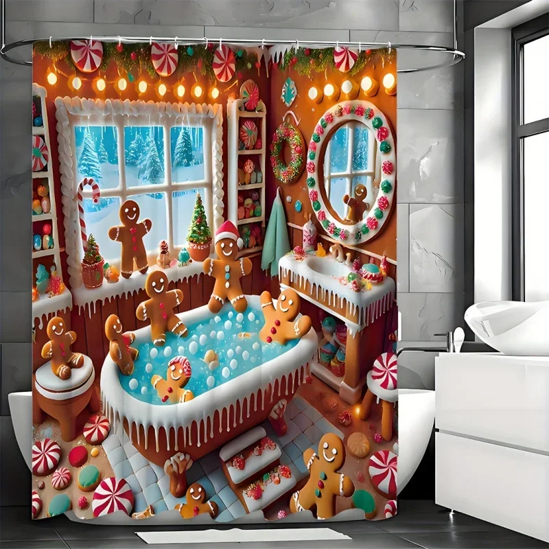 1pc Winter Candy Cane Gingerbread Fun Green Set, with Shower Curtain and Machine Washable Christmas Bat