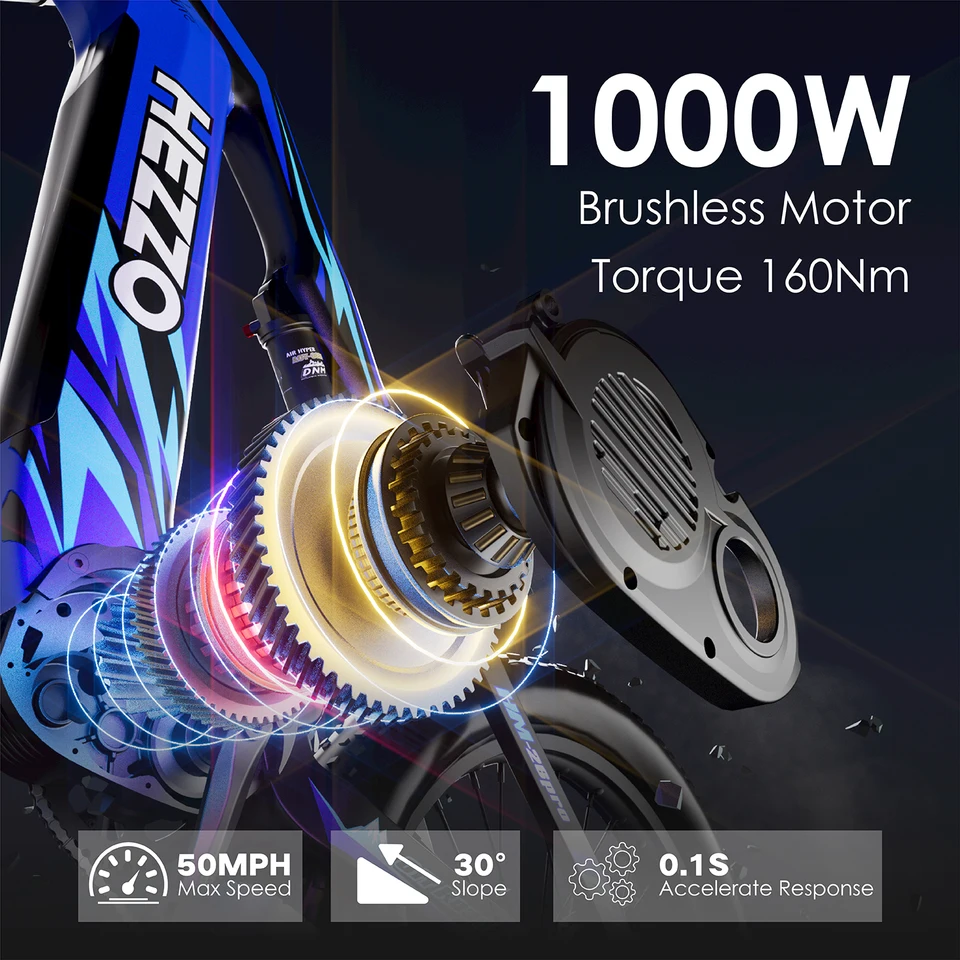 HEZZO K9 Ebike 1000W 52V Middrive Ebike 52V 21Ah Battery 160N.m Power-Off Protection All-Terrain High Performance Electric Bike image 8